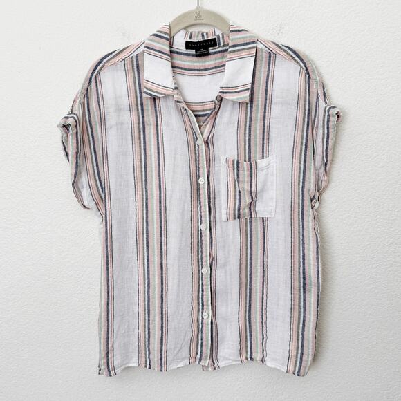 [Sanctuary] White Striped Shimmer Thread Linen Blend Boyfriend Shirt Sz Medium M - Picture 1 of 11